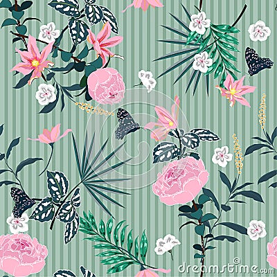 Summer Seamless garden gentle pink flowers pattern on monotone Cartoon Illustration