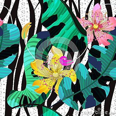 Summer seamless pattern / background, tropical flowers, banana leaves and zebra lines Vector Illustration
