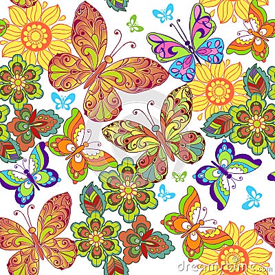 Summer Seamless pattern with colorful butterflies. Decorative ornament backdrop for fabric, textile, wrapping paper. Vector Illustration