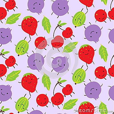 Summer seamless pattern with cute smiling gooseberries, strawbe Cartoon Illustration