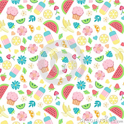 Summer seamless pattern with summer day food elements clip art set Vector Illustration