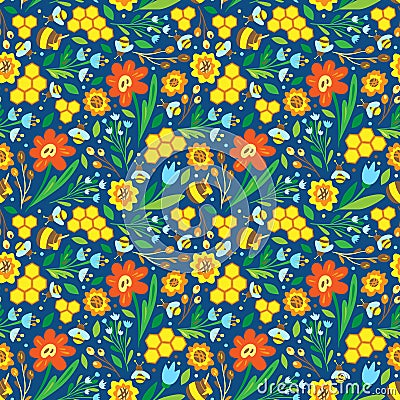 Summer seamless pattern. Flowers, bees and honey on blue background Vector Illustration