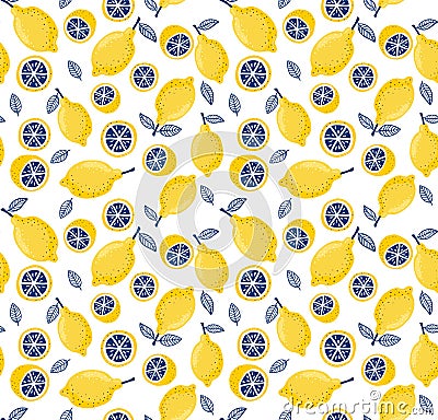 Summer seamless pattern with fresh bright juicy lemons Vector Illustration