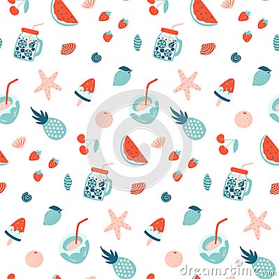 Summer seamless pattern. Fruits and cocktails. Vector Illustration