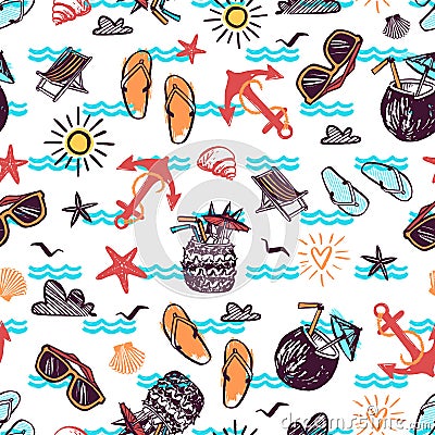 Summer seamless pattern with hand drawn vector elements - sunglasses, flip flops, anchor, sea shells Vector Illustration