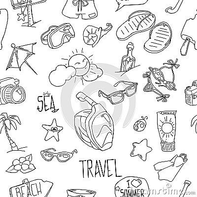 Summer seamless pattern. Hand drawn vector summer symbols and objects. Travel colorful tropical holiday design. Summer vacation co Vector Illustration