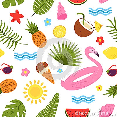 Summer seamless pattern. Hawaiian beach, kid seasonal background. Palms and fruits, ocean accessories. Vacation fabric Vector Illustration