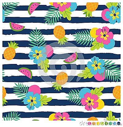 Summer seamless pattern with hibiscus and fruits Stock Photo