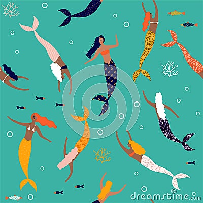 Summer seamless pattern with mermaid under the sea - vector illustration Vector Illustration