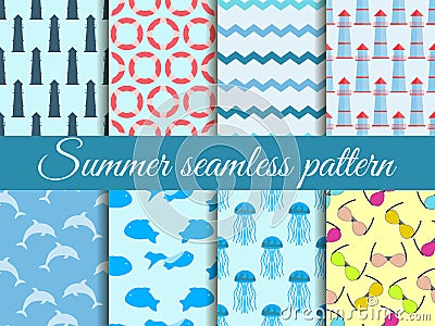 Summer seamless pattern. Pattern with a lighthouse, marine fauna. Set of seamless patterns. Vector Vector Illustration