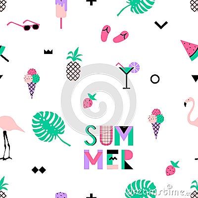 Summer seamless pattern with pink flamingos, ice cream, strawberry Vector Illustration