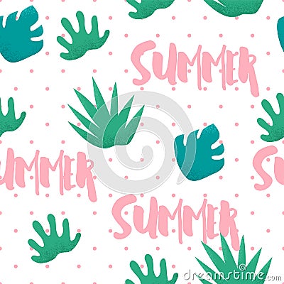 Summer seamless pattern in polka dot with tropical plants and text on white background. Ornament for textile and wrapping. Vector Vector Illustration