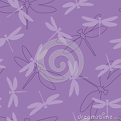 Summer seamless pattern with purple silhouettes of dragonflies. Vector. Vector Illustration