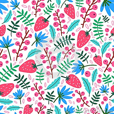 Summer seamless pattern with strawberries, flowers and leaves on white background. Natural backdrop with ripe wild Vector Illustration