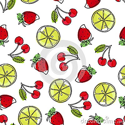 Summer seamless pattern. Strawberry, lime, cherry. Bright berry. Outline vector illustration. Organic food eco template for menu, Vector Illustration