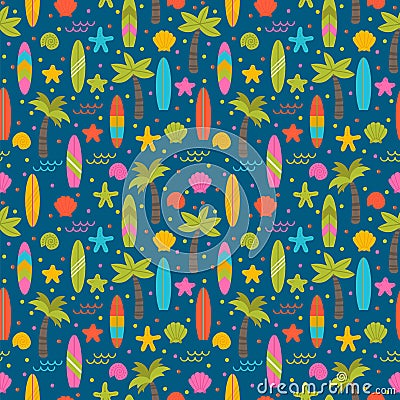 Summer seamless pattern with surfboards, palm trees and shells. Cute ocean background. Design for fabric, textile and wrapping Vector Illustration