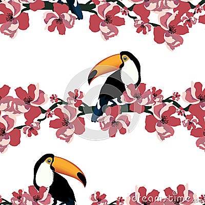 Colorful tropical seamless pattern with funny toucans and flowers.Summer vector background.Graphic textile texture Vector Illustration