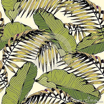 Summer seamless pattern with tropical leaves and branches. Vector decorative background for design Vector Illustration