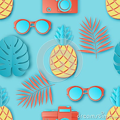 Summer seamless pattern with tropical palm leaves, retro photo c Vector Illustration