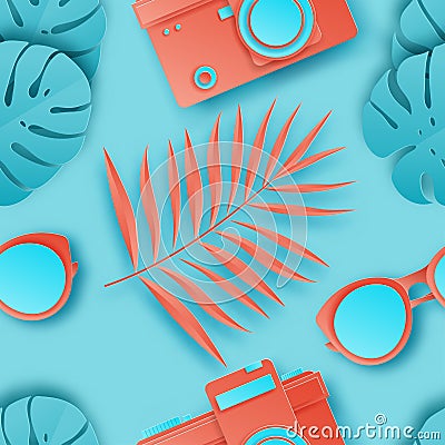 Summer seamless pattern with tropical palm leaves, retro photo c Vector Illustration