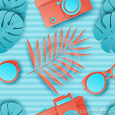 Summer seamless pattern with tropical palm leaves, retro photo camera Vector Illustration