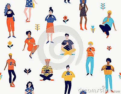 Seamless pattern with young people with gadgets Vector Illustration