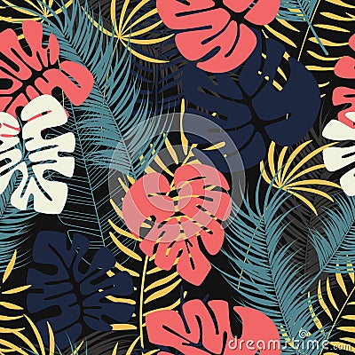 Summer seamless tropical pattern with colorful monstera palm leaves Vector Illustration