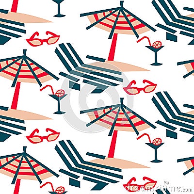 Summer seamless vector pattern. Vintage colors, view of the Riviera beach. Sun loungers, umbrellas, glasses, cocktail Vector Illustration