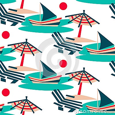 Summer seamless vector pattern. Vintage colors, view of the Riviera beach. Sun loungers, umbrellas, beach, sunset sea Vector Illustration