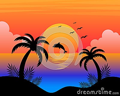 Summer seascape, palm trees, sea, dolphin against the backdrop of sunset. Colorful illustration Vector Illustration