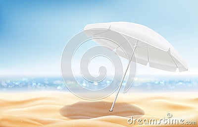 Summer seascape, sunny sandy beach with umbrella Vector Illustration