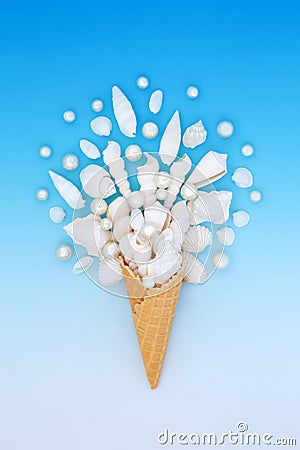 Summer Seashell Ice Cream Cone Surreal Decoration Stock Photo