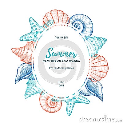 Summer seashell label. Hand drawn vector illustration. Marine pr Vector Illustration