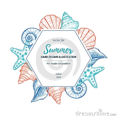 Summer seashell label. Hand drawn vector illustration. Marine pr Vector Illustration