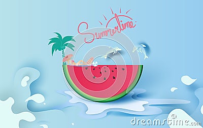 Summer season concept Slice of watermelon on blue water splash.Hello Summer.Women are sunbathing. Dolphins are jumping from the Vector Illustration