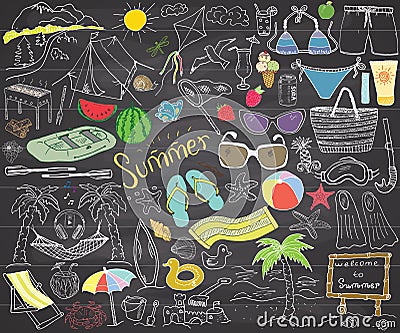 Summer season doodles elements. Hand drawn sketch set with sun, umbrella, sunglasses, palms and hammock, beach, camping items and Vector Illustration