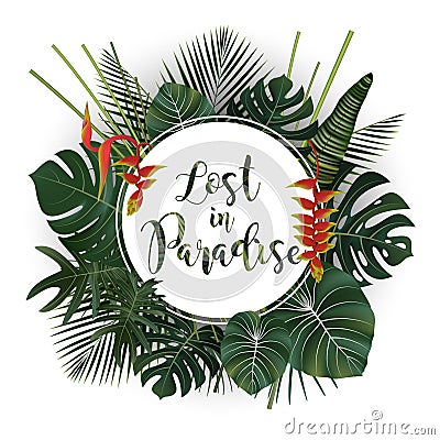 Summer season poster design. Lost in Paradise writing on a tropical leaf background Stock Photo