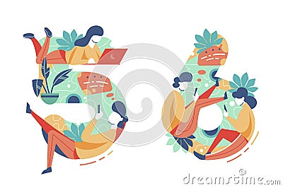 Summer seasonal numbers of five, six and people vacation. Vector Illustration