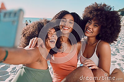 Summer selfie, beach and black women friends enjoy holiday, vacation and weekend travel together. Happiness, ocean and Stock Photo