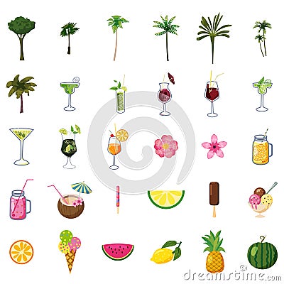 Summer set elements ice cream, drinks, palms, fruits, flowers. Collection icons for cards, poster, sticker. Vector Vector Illustration