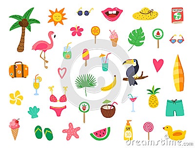 Summer set with hand drawn elements. Summer beach party design with doodle flamingo, flowers, tropical fruit, sweets. Color Vector Illustration