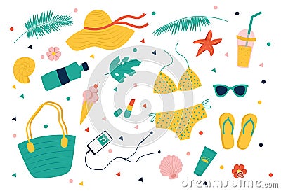 Set of summer things for beach holidays and travel Vector Illustration