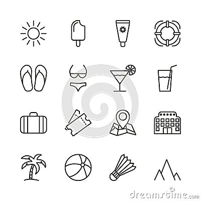 Summer set icon vector. Line recreation collection symbol isolated. Trendy flat outline travel ui sign design. Thin vacation Vector Illustration
