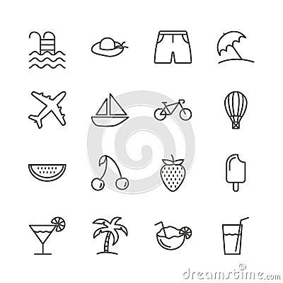 Summer set icon vector. Line recreation collection symbol isolated. Trendy flat outline travel ui s Vector Illustration