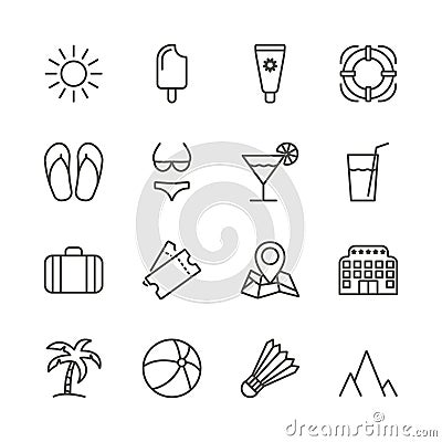 Summer set icon vector. Line recreation collection symbol isolated. Trendy flat outline travel ui s Vector Illustration