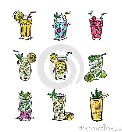 Summer set with lemonade. Hand drawn vector illustration is sketch style. Isolated on white background Cartoon Illustration