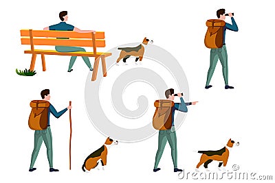 Vector summer travel activities set - man with dog Vector Illustration