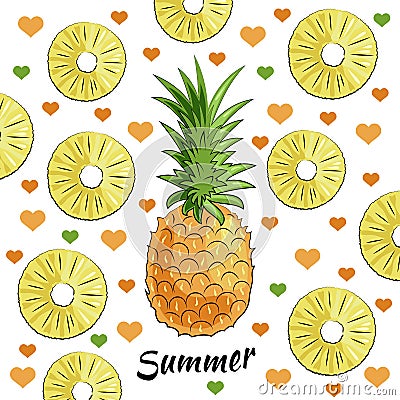 Summer set: pineapple, pineapple pieces, summer inscription, hearts Stock Photo