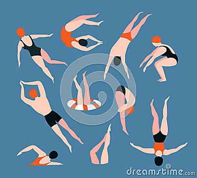 Summer set with swimming people isolated on the blue background. Summertime vector illustration. Vector Illustration