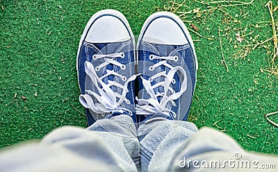 Summer shoes from above at the feet of a man Stock Photo